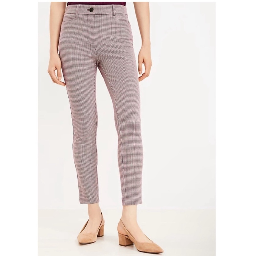 Ann Taylor LOFT Houndstooth Plaid Mid-Rise Sutton Trouser Skinny Pant Red 4P